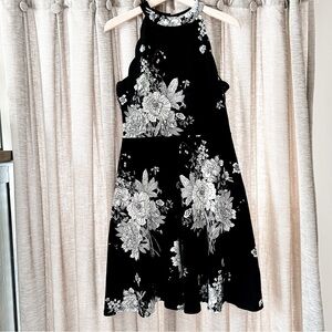 Aqua Black and White Floral Print High Neck Scallop Trim Fit & Flare Dress Large